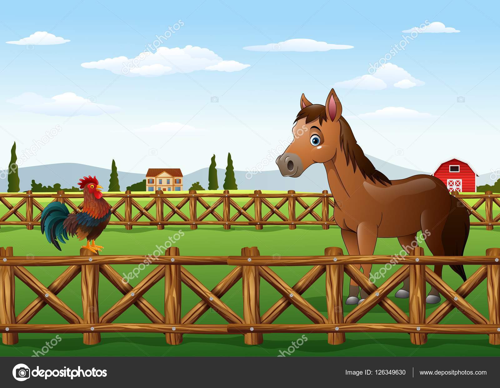 Cute cartoon rooster and horse in the farm Stock Vector Image by ©dreamcreation01 126349630