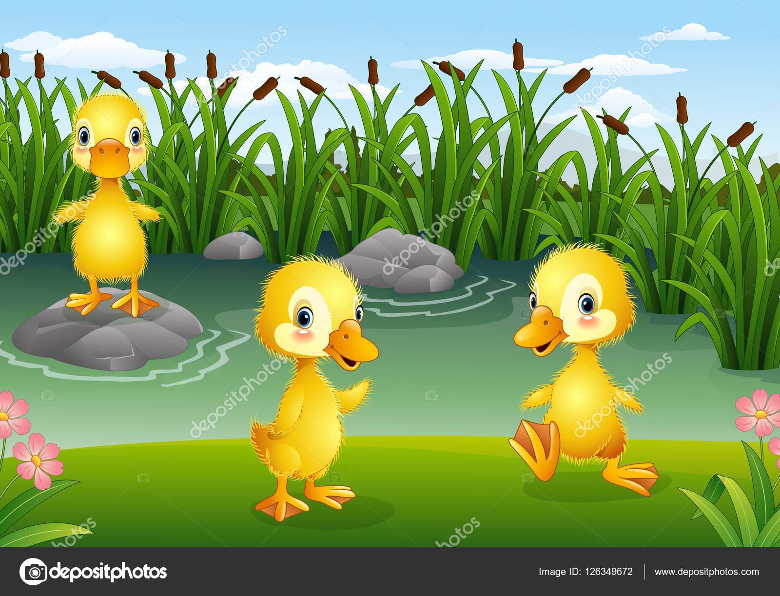 Cartoon little ducklings playing in the pond Stock Vector Image by  ©dreamcreation01 #126349672