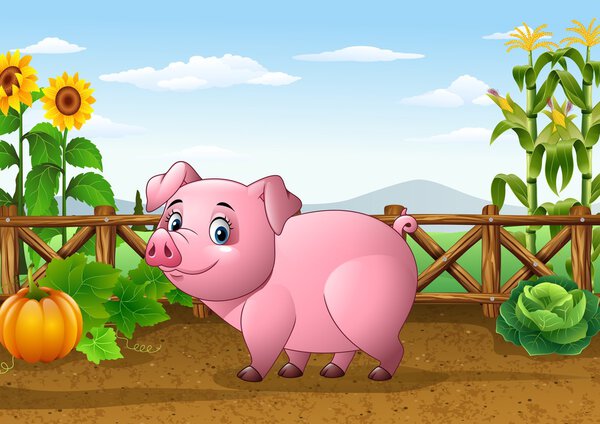 Cartoon pig with farm background