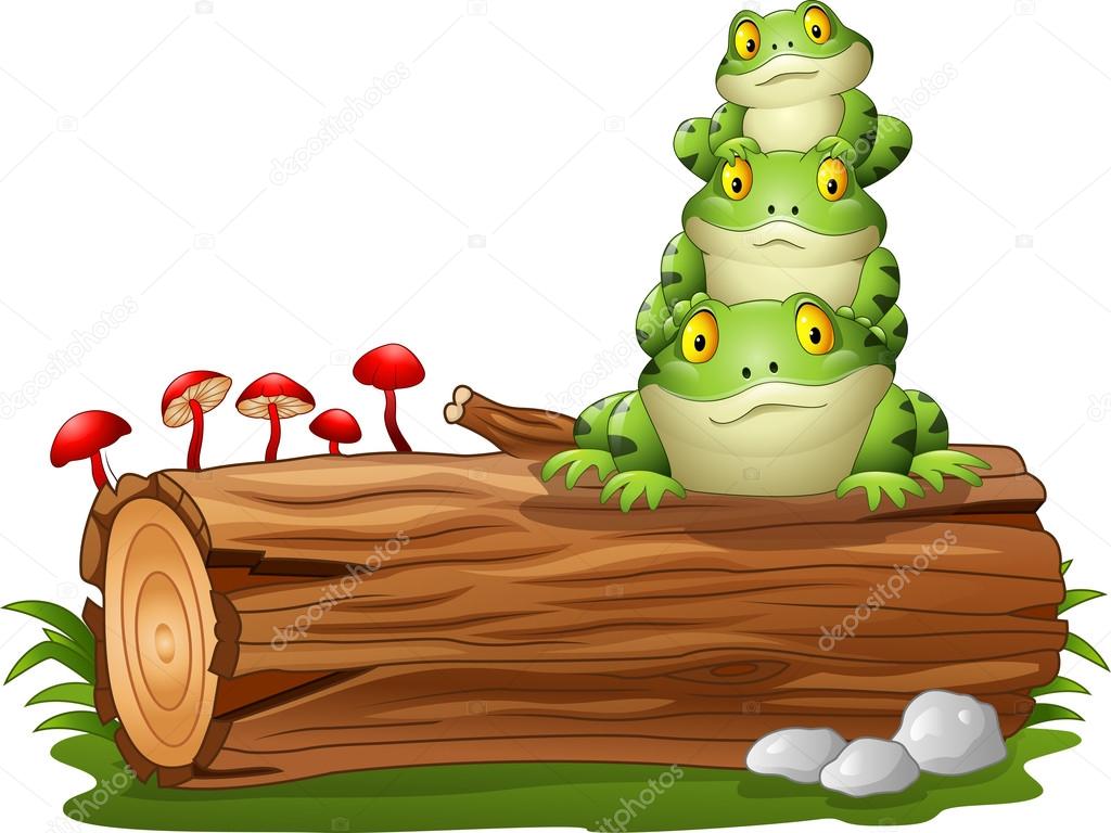 Cartoon frog stacked on tree log