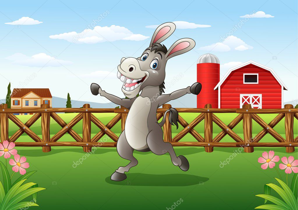 Cartoon donkey in the farm background