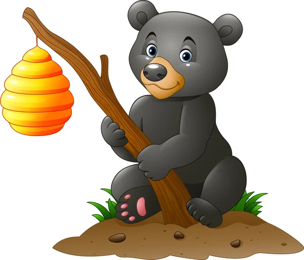 Cartoon bear holding branche avec ruche d'abeille — Image vectorielle