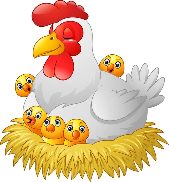 Cute cartoon hen with chickens sitting in a nest — Stock Vector