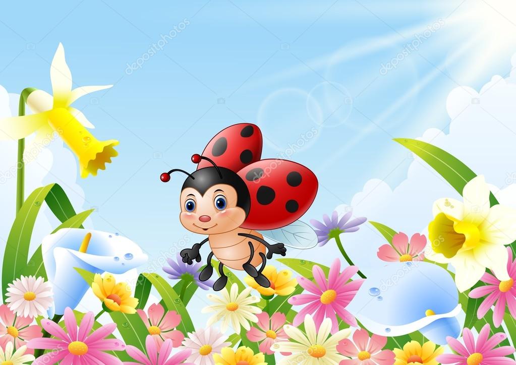 Cartoon funny ladybug flying over flower field