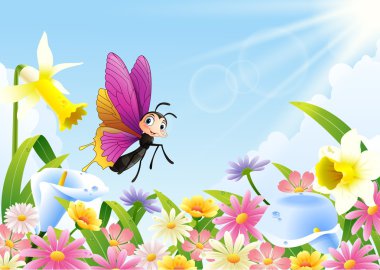 Şirin kelebek çiçek alan üzerinde uçan