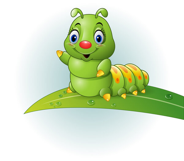 Мультипликационный зеленый гусениц на листочке
