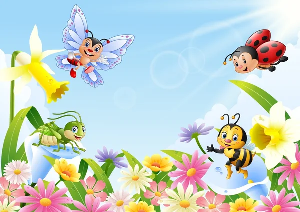 Insectes de bande dessinée sur le champ de fleurs — Image vectorielle