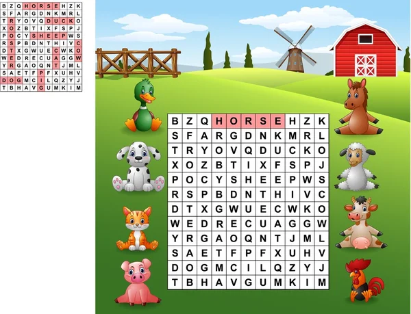 Word search puzzle about farm animals — Stock Vector