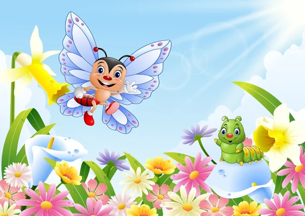 Insectos de dibujos animados en el campo de flores — Vector de stock