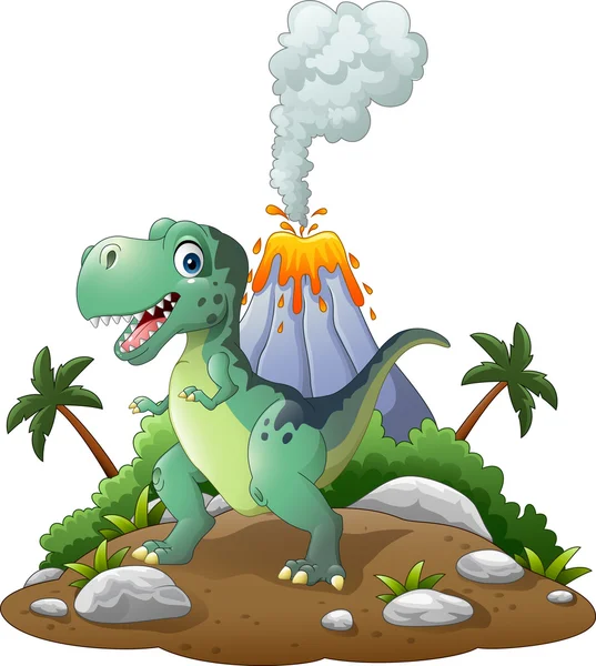 Cartoon happy dinosaur in the prehistoric background — Stock Vector