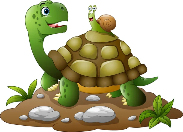 Cartoon funny turtle with snail — ストックベクタ