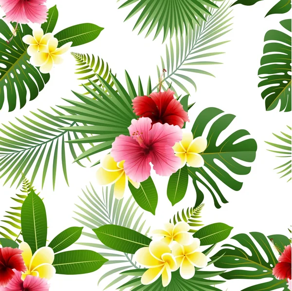 Seamless pattern of tropical flowers and tropical leaves — Stock Vector