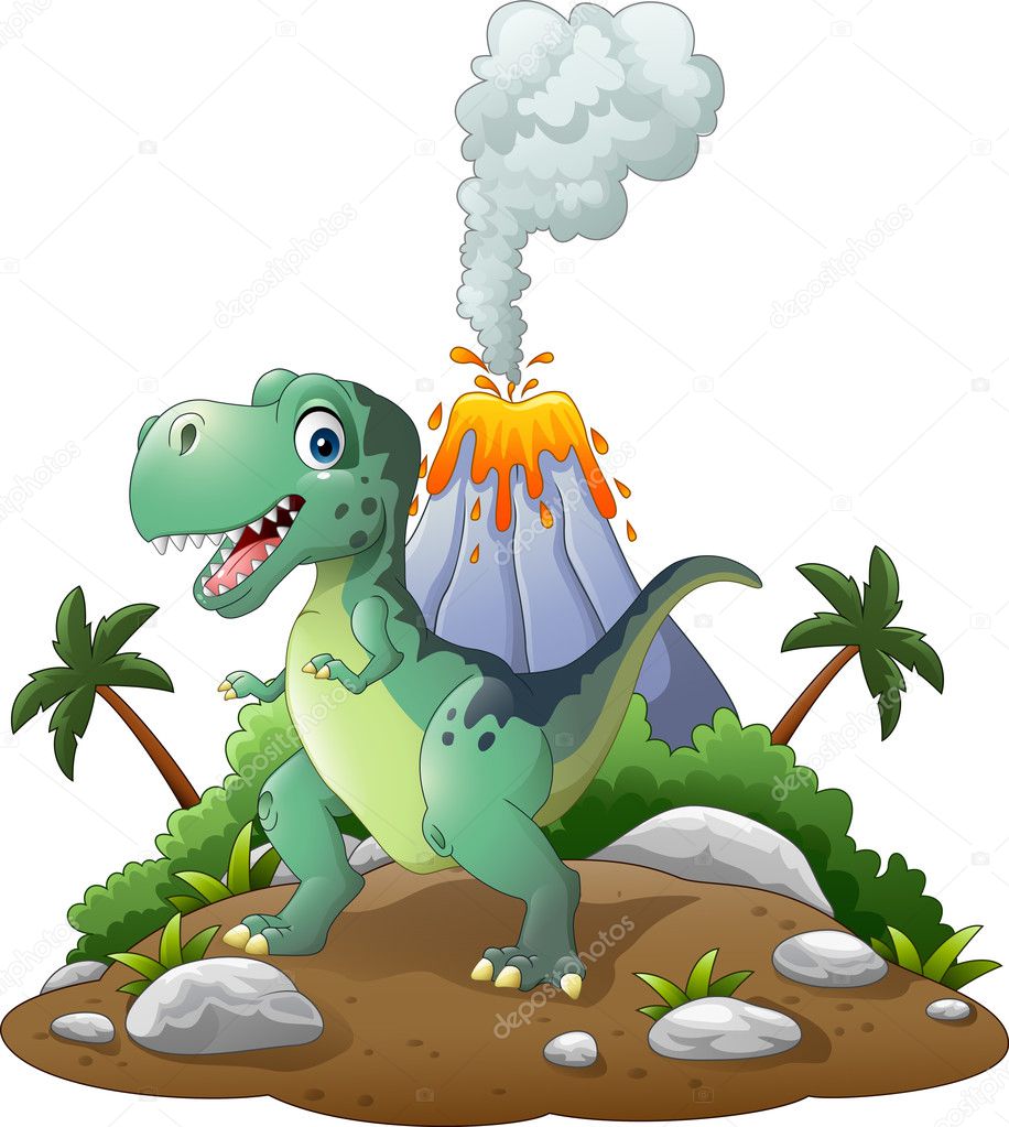 Cartoon happy dinosaur in the prehistoric background