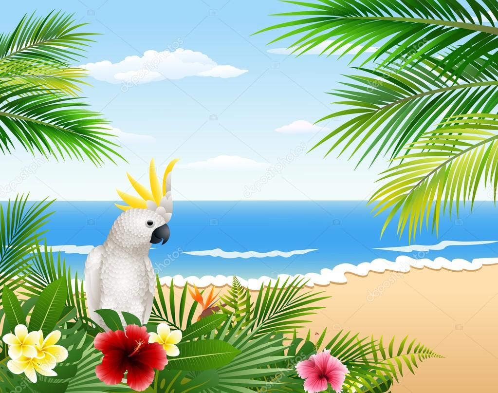 Card with tropical beach, tropical plants and parrot