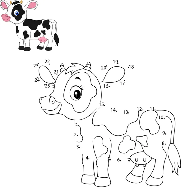 Conecte el número para dibujar el juego educativo animal para los niños, Vaca linda — Vector de stock