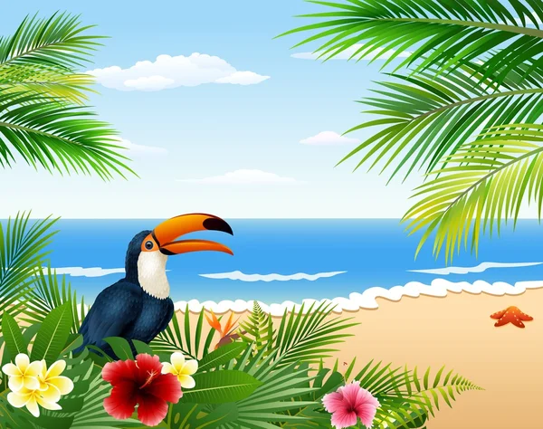 Carte avec plage tropicale, plantes tropicales et toucan — Image vectorielle