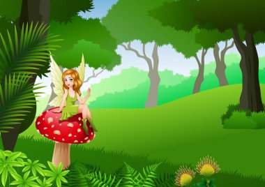 Little fairy sitting on mushroom with Tropical forest background clipart