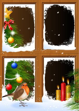 Ahşap bir pencereden görmüş Noel sahneleri