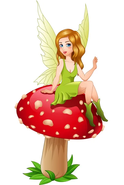 Cartoon fairy zittend op paddestoel — Stockvector