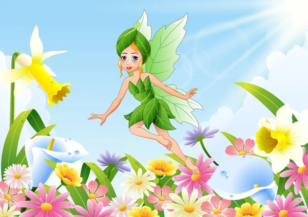 Cute fairy flying on flower field — Stock Vector