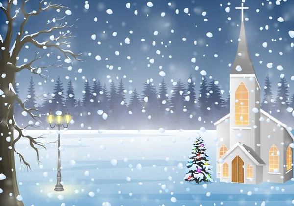 Winterlandschaft mit Kirche, Heiligabend Hintergrund — Stockvektor