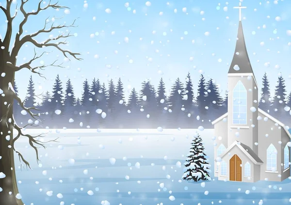 Weihnachtsgrußkarte, Winterlandschaft mit Kirche — Stockvektor