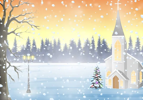 Зимний пейзаж с церковью — стоковый вектор