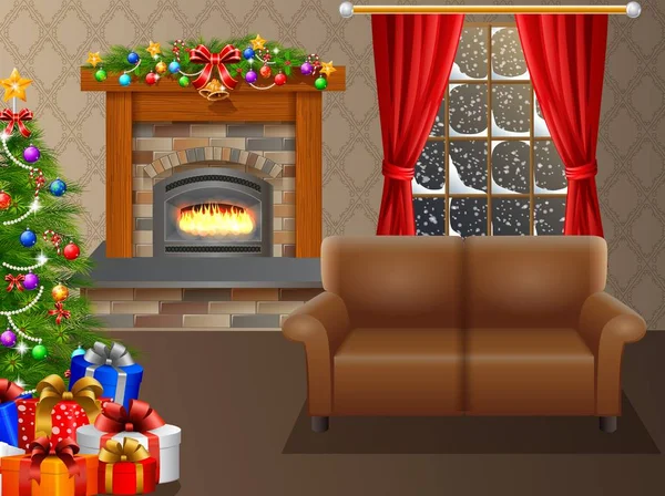 Kamin und Weihnachtsbaum mit Geschenken im Wohnzimmer — Stockvektor