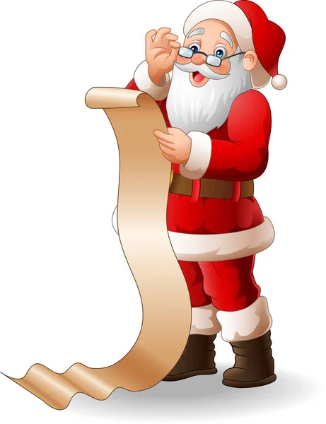 Père Noël lisant une longue liste de cadeaux — Image vectorielle