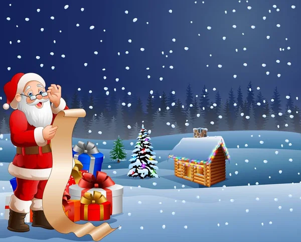 Papai Noel lendo uma longa lista de presentes — Vetor de Stock