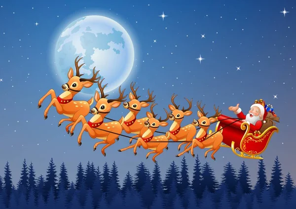 Weihnachtsmann reitet Rentierschlitten durch den Himmel — Stockvektor