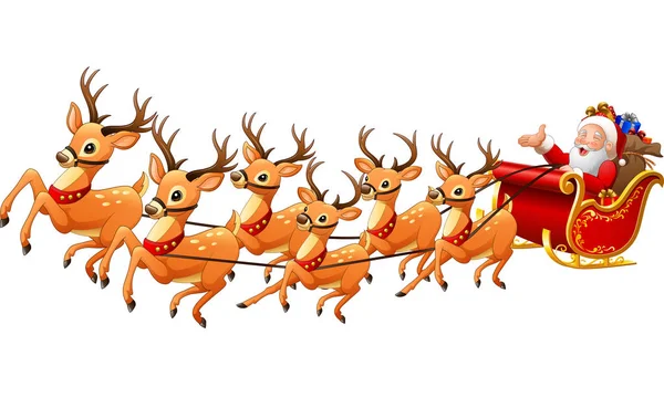 Santa Claus rides reindeer sleigh on Christmas — Stock Vector