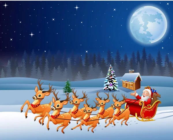 Santa Claus monta trineo de renos en la noche de Navidad — Vector de stock