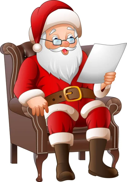 Cartoon Papai Noel sentado em sua poltrona e lendo uma carta — Vetor de Stock
