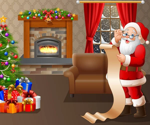 Santa Claus leyendo una larga lista de regalos en el salón — Vector de stock