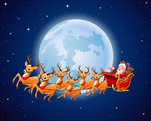 Santa Claus monta trineo de renos sobre un fondo de luna llena — Vector de stock