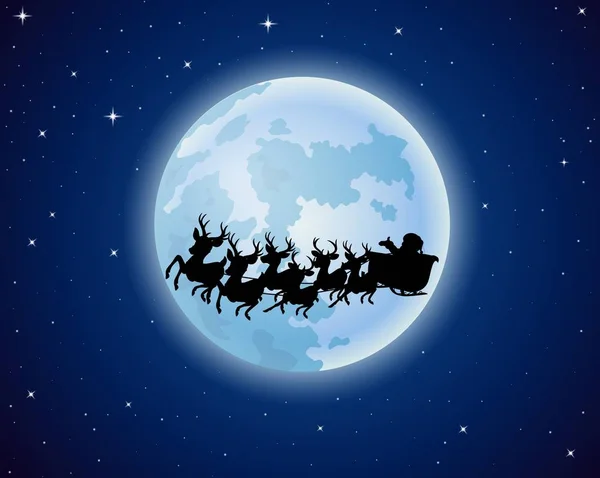 Santa Claus monta silueta de trineo de renos sobre un fondo de luna llena — Vector de stock