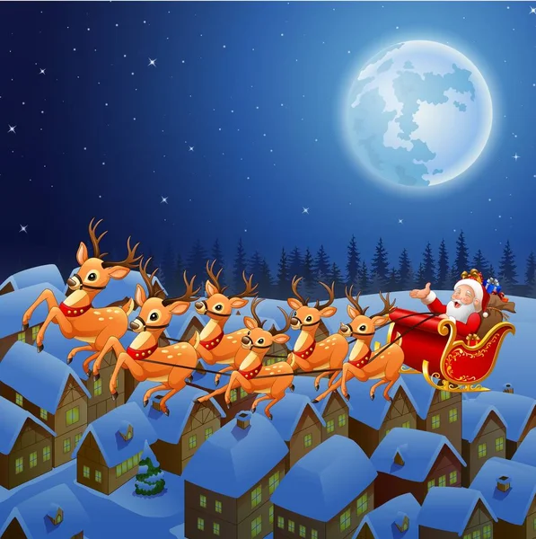 Santa Claus montando su trineo de renos volando en el cielo — Vector de stock