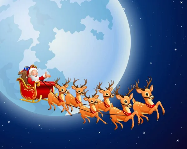 Santa Claus rides reindeer sleigh against a full moon background — Stock Vector