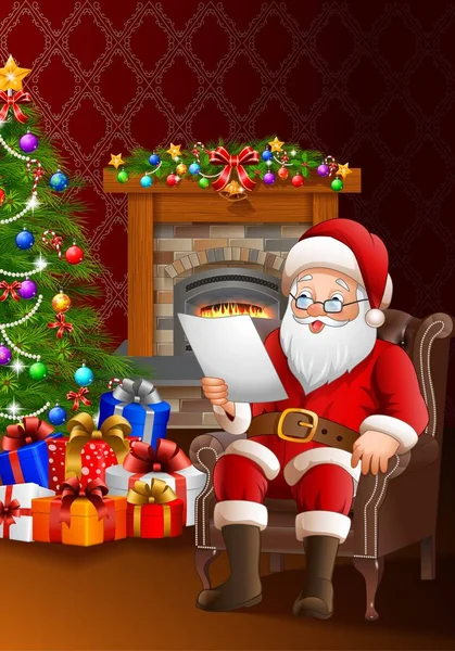 Santa Claus leyendo una lista de regalos en el salón — Vector de stock