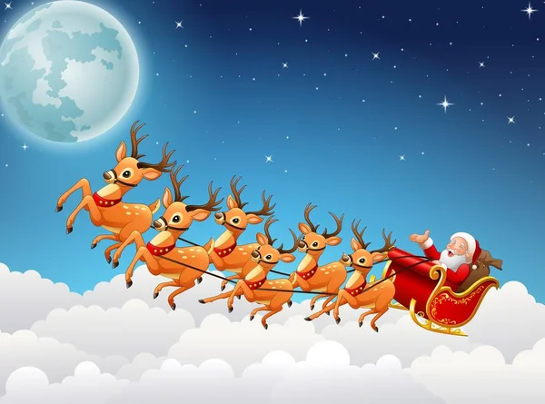 Santa Claus monta trineo de renos volando en el cielo — Vector de stock