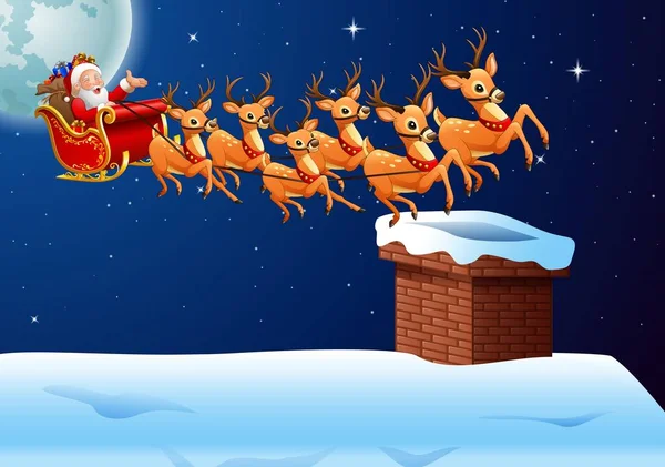 Santa Claus monta trineo de renos volando en el cielo — Vector de stock