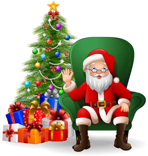Desenhos animados Papai Noel sentado na cadeira braço verde — Vetor de Stock
