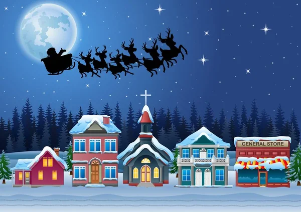 Santa Claus montando su trineo de renos volando en el cielo — Vector de stock
