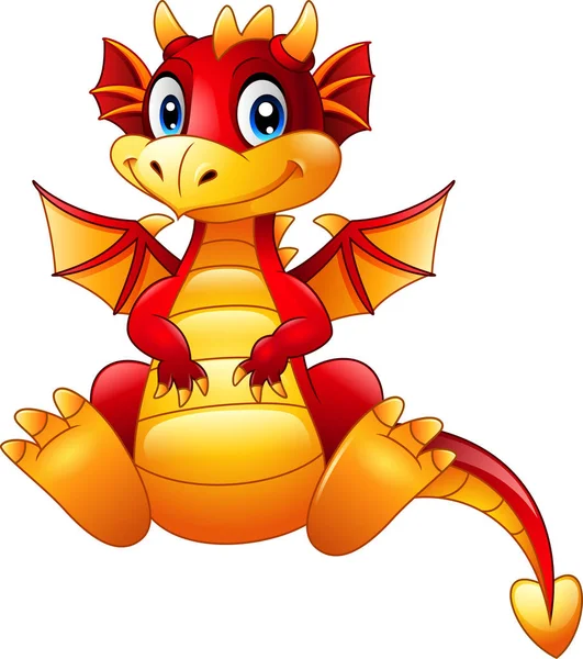 Cartoon red dragon sitting isolated on white background — Stock Vector