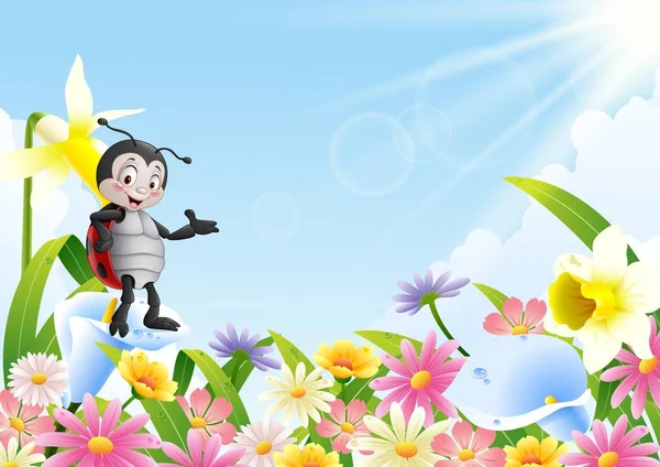 Mariquita de dibujos animados en el campo de flores — Vector de stock