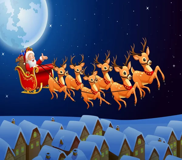 Santa Claus montando su trineo de renos volando en el cielo — Vector de stock