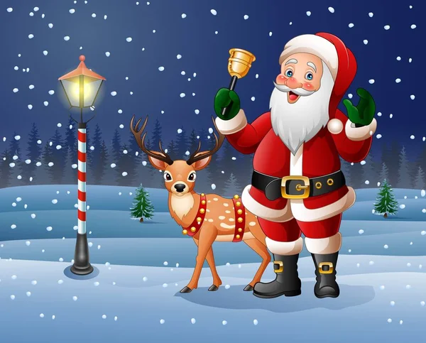 Weihnachten Hintergrund mit Cartoon-Weihnachtsmann klingelt Glocke — Stockvektor