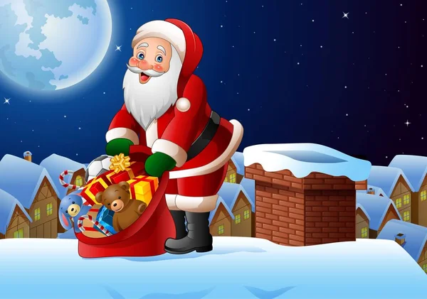 クリスマスの背景の屋根の上にプレゼント サンタ クロース保持袋に — ストックベクタ
