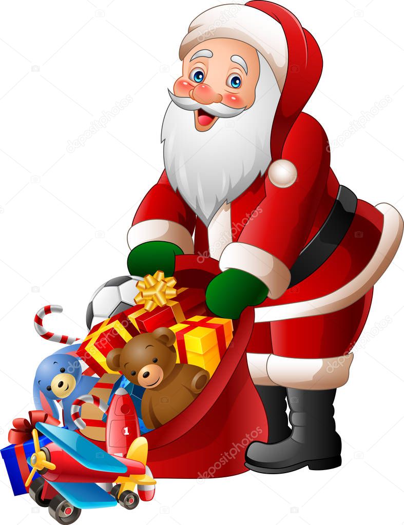 Cartoon Santa Claus holding bag of presents — Stock Vector